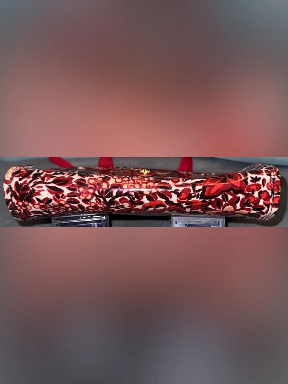 Tory Burch Red Floral Cosmetic Travel Organizer with Red Pink Black Accents